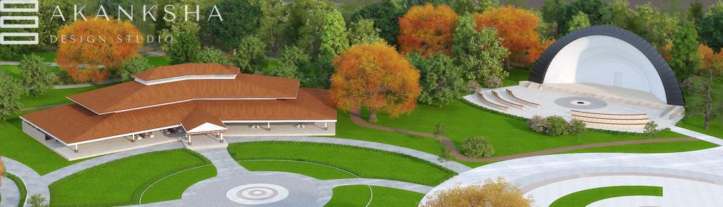 Aerial view of community pavilion and outdoor amphitheater