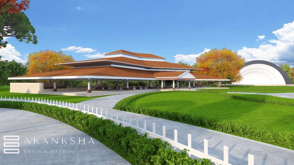 Community pavilion building with covered outdoor gathering space